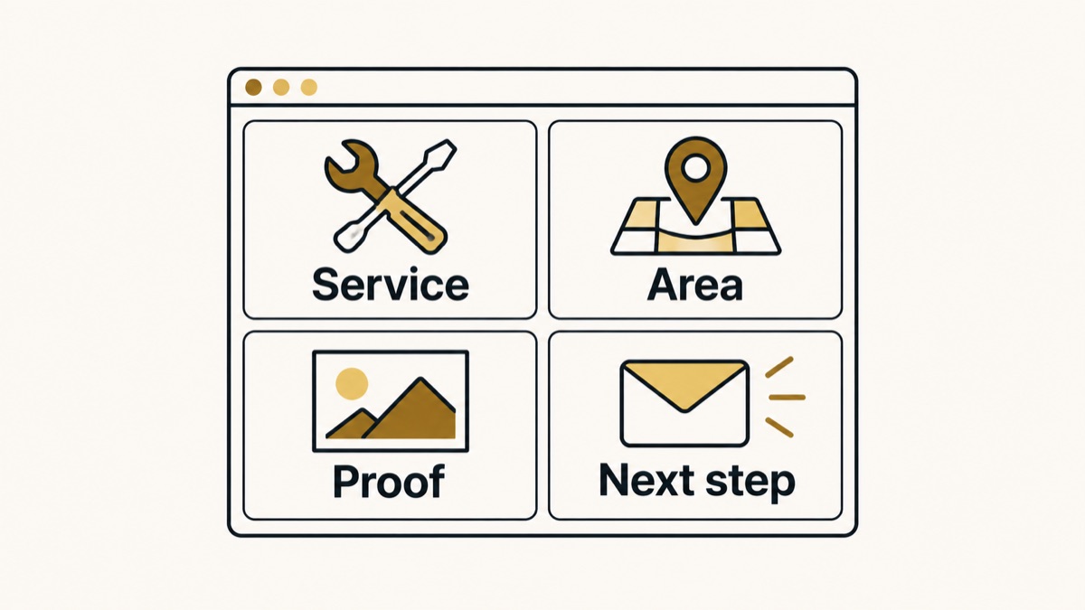 Four parts of a useful service page: the offer, the area served, evidence and a way to inquire.