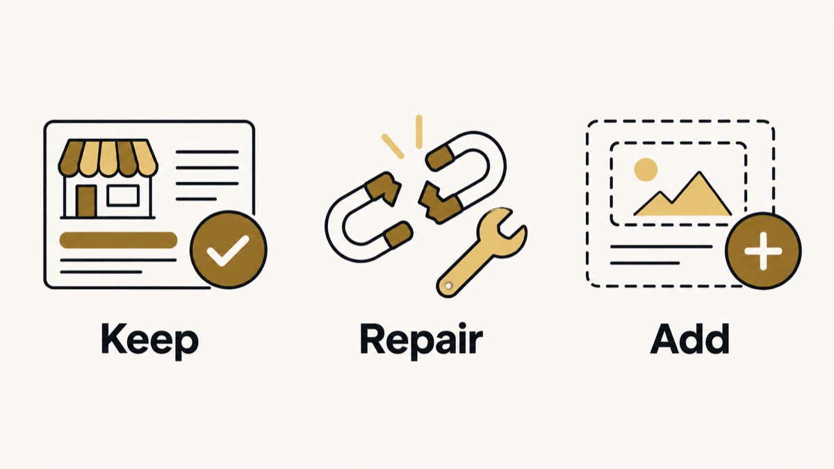 Keep useful website elements, repair broken ones and add missing information.