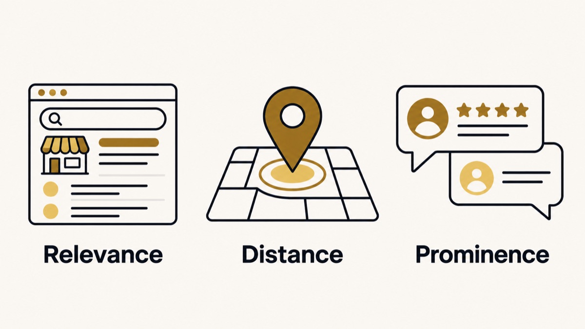 Local discovery involves relevance, distance and prominence; the diagram does not assign weights.
