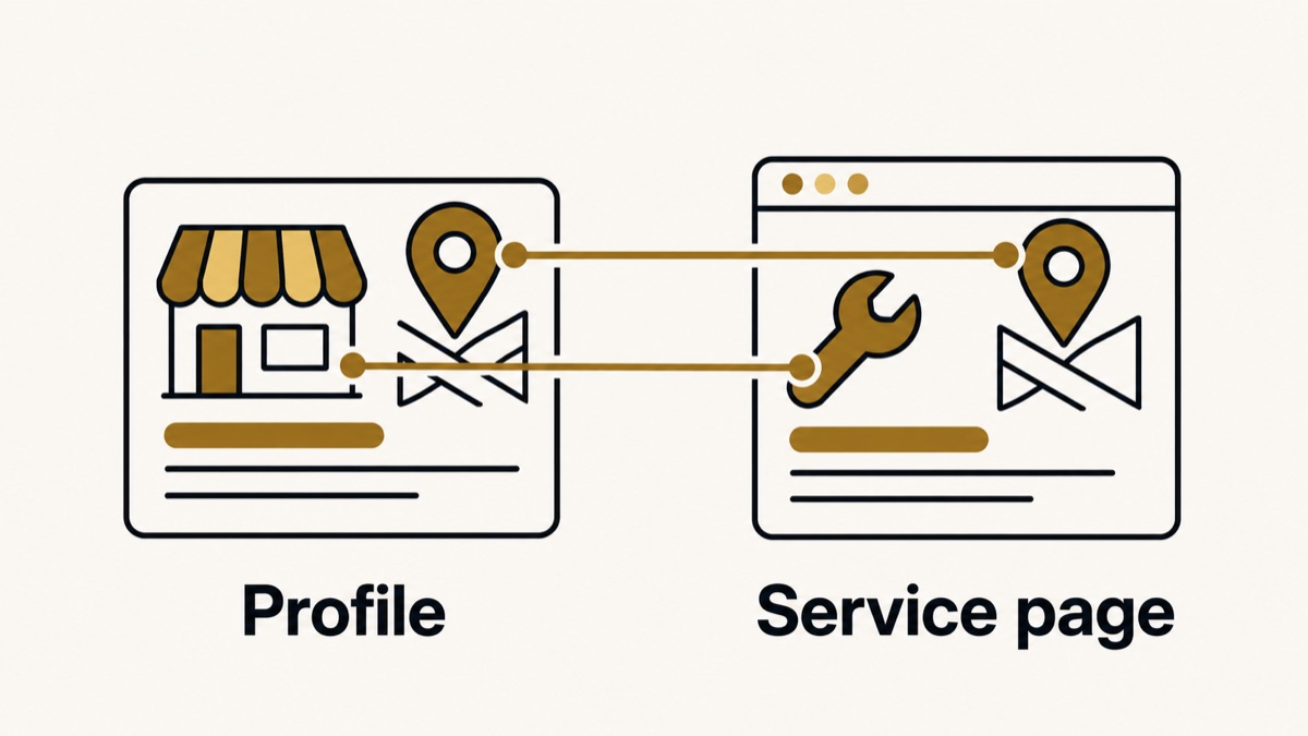 A business profile and its linked service page describe the same service and location.