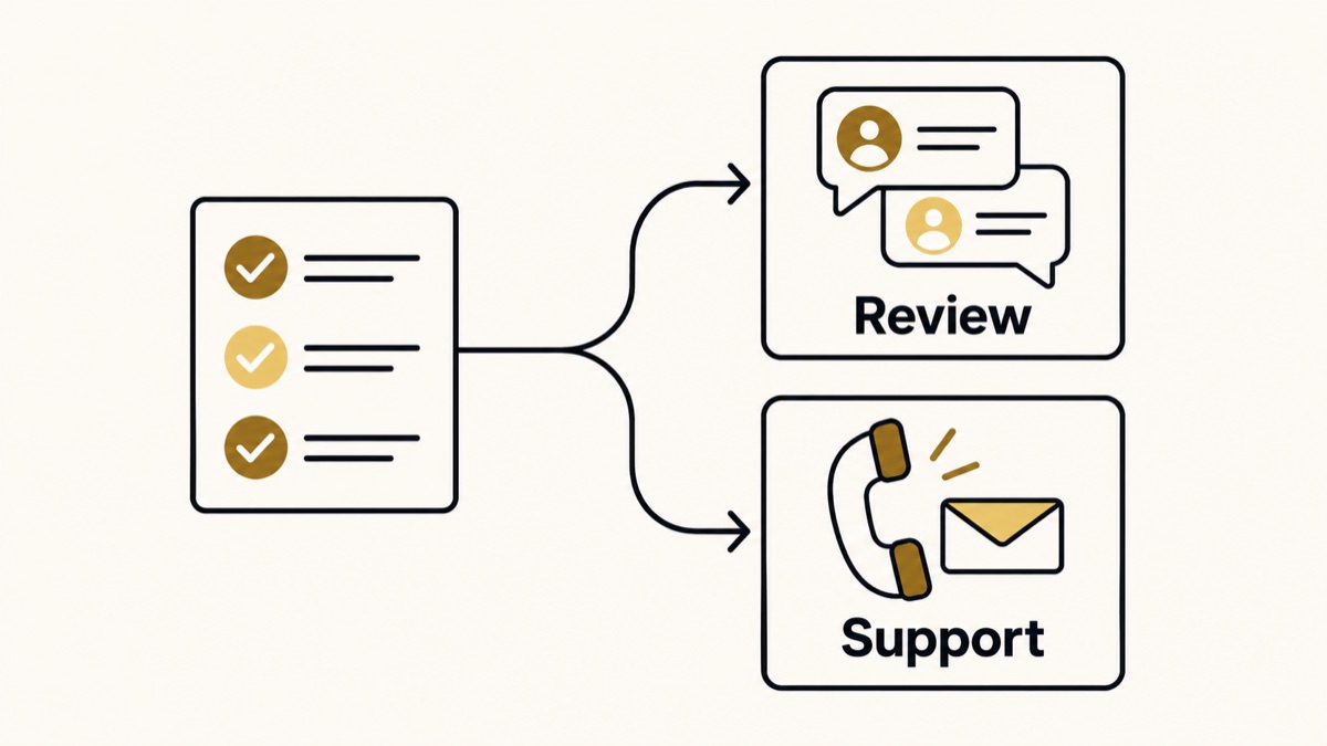 All eligible customers have an optional review route and an available support route, without satisfaction screening.