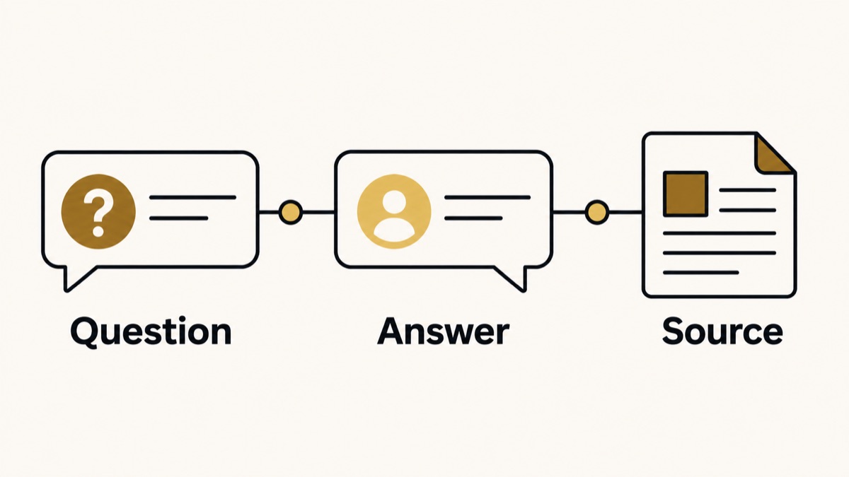 An AI-answer check preserves the question, returned answer and any cited source.