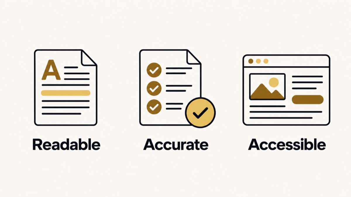 Readable content, accurate information and accessible pages form useful foundations.