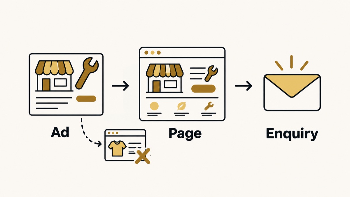 An advertisement leads to a page about the same service and a relevant inquiry.