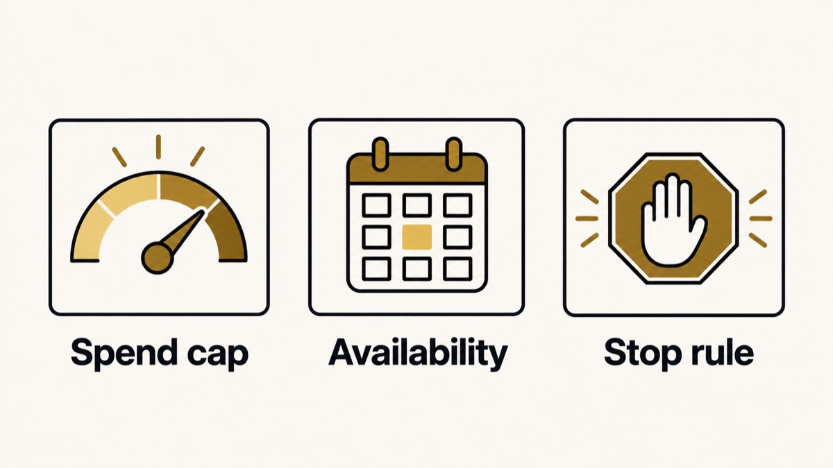 An advertising plan has a spending cap, a service-availability check and a stop condition.