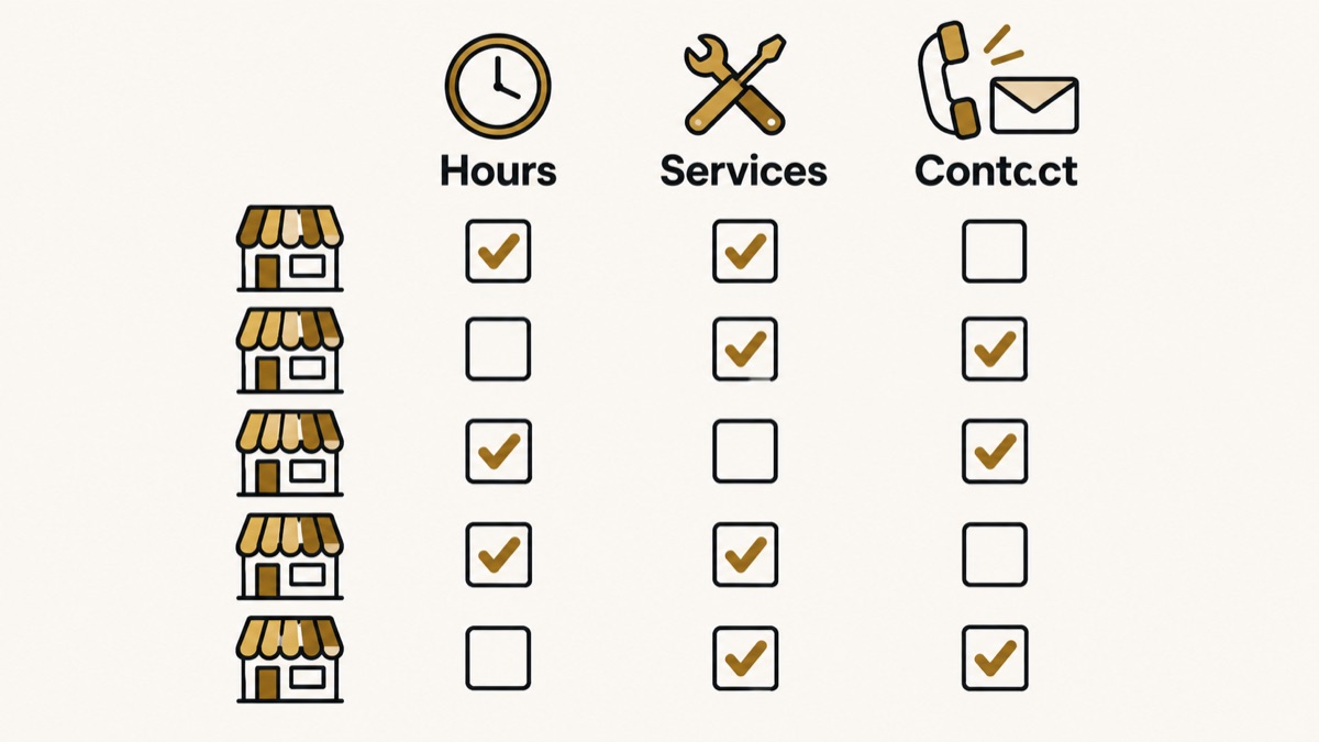 A sample five-branch register checks whether hours, services and contact details are recorded for each location.