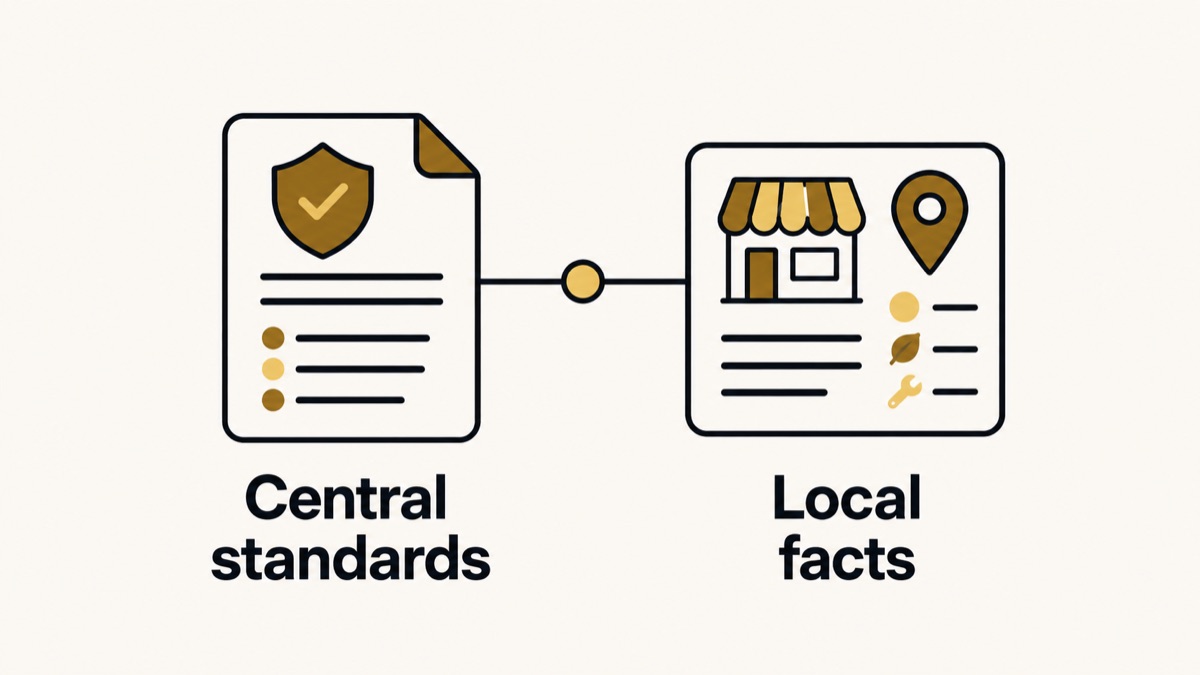 Central teams set shared standards while branches maintain accurate local facts.