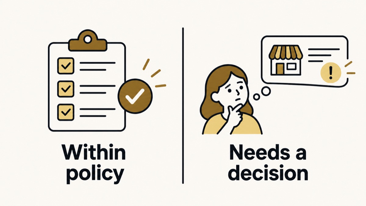 Routine actions within an agreed policy are separated from decisions needing an owner.
